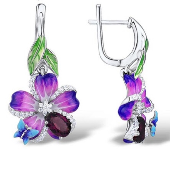 925 Sterling Silver Purple Flower earrings - Picture 4 of 4